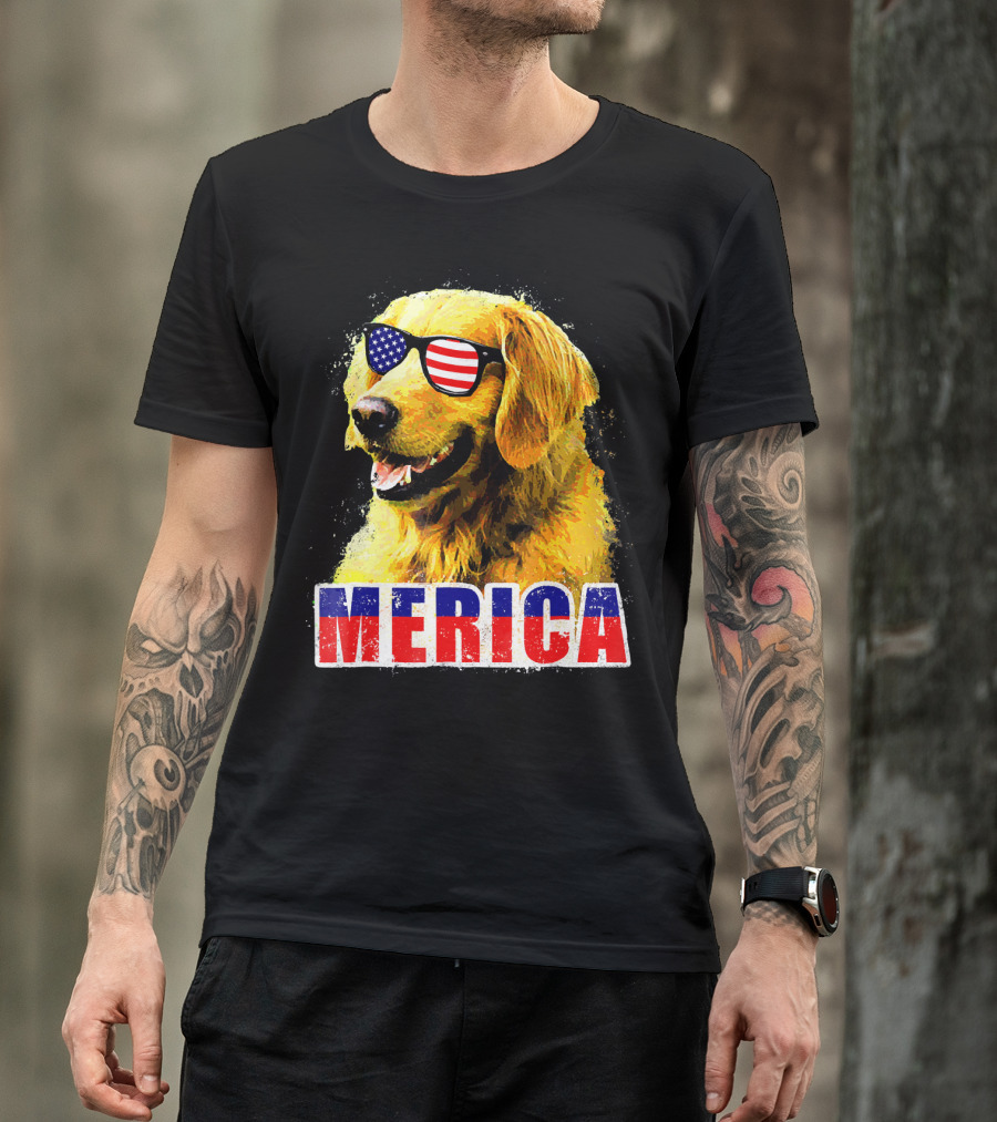 MERICA Dog Golden Retriever American Flag Sunglasses T-Shirt