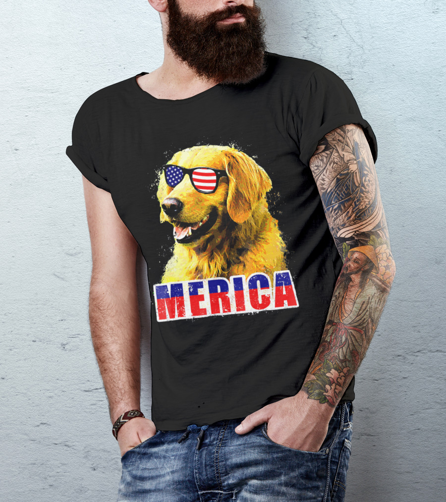 MERICA Dog Golden Retriever American Flag Sunglasses T-Shirt