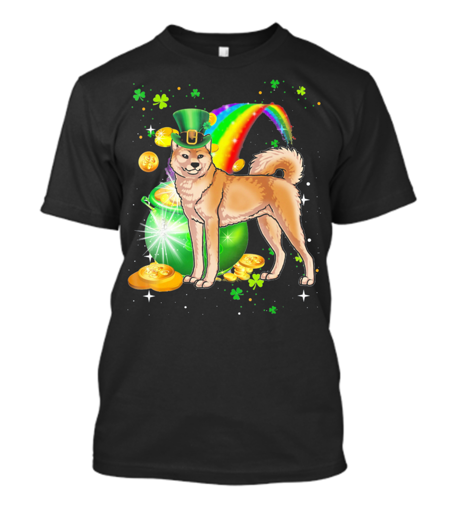 St Patricks Day Akita Dog With Leprechaun Hat Rainbow And Pot Of Gold T-Shirt