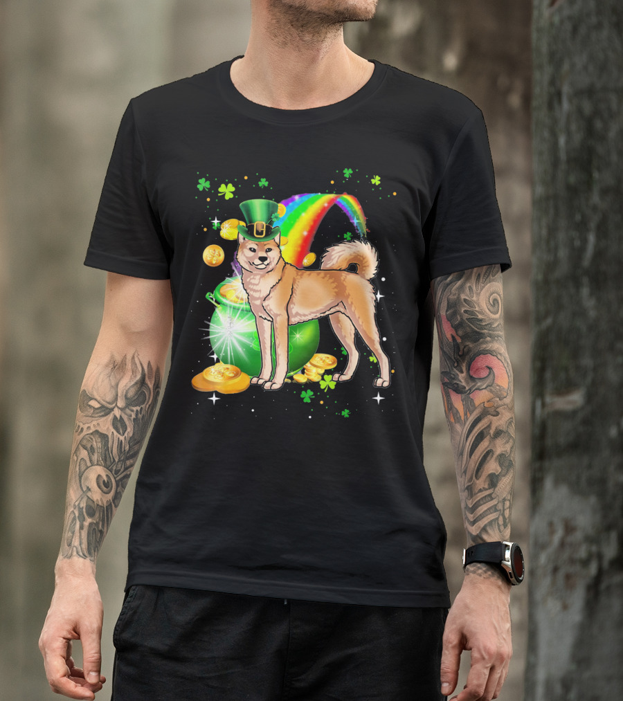 St Patricks Day Akita Dog With Leprechaun Hat Rainbow And Pot Of Gold T-Shirt
