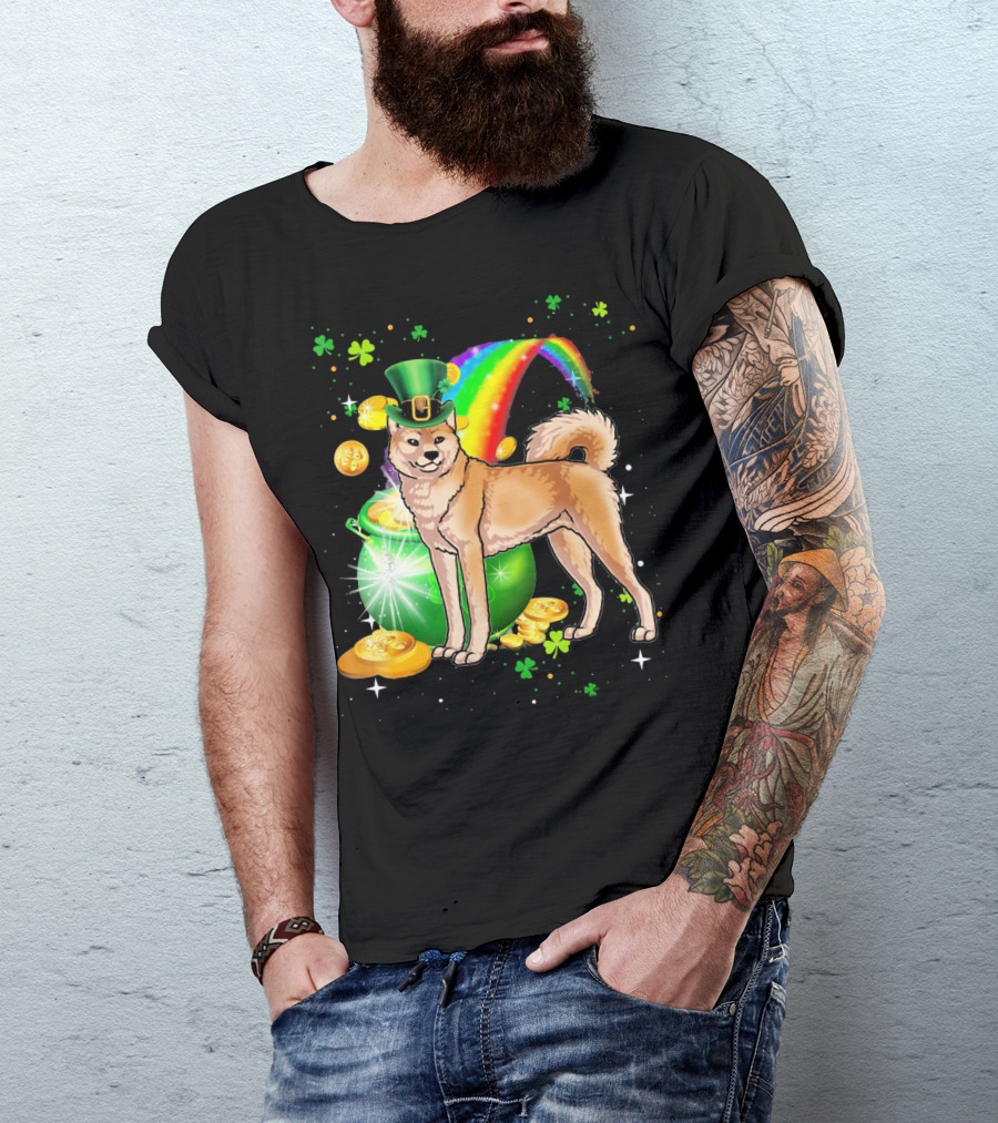 St Patricks Day Akita Dog With Leprechaun Hat Rainbow And Pot Of Gold T-Shirt