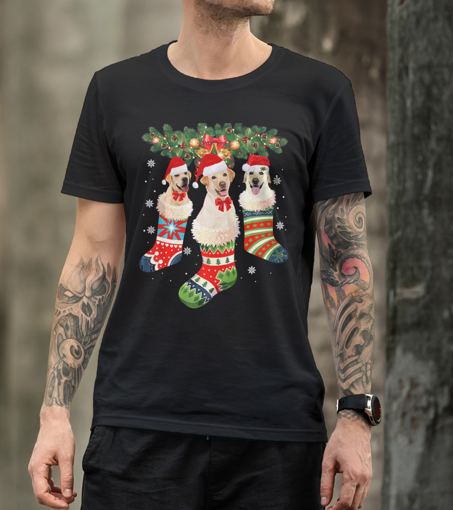 Three Labrador Retrievers In Festive Christmas Stockings With Santa Hats T-Shirt