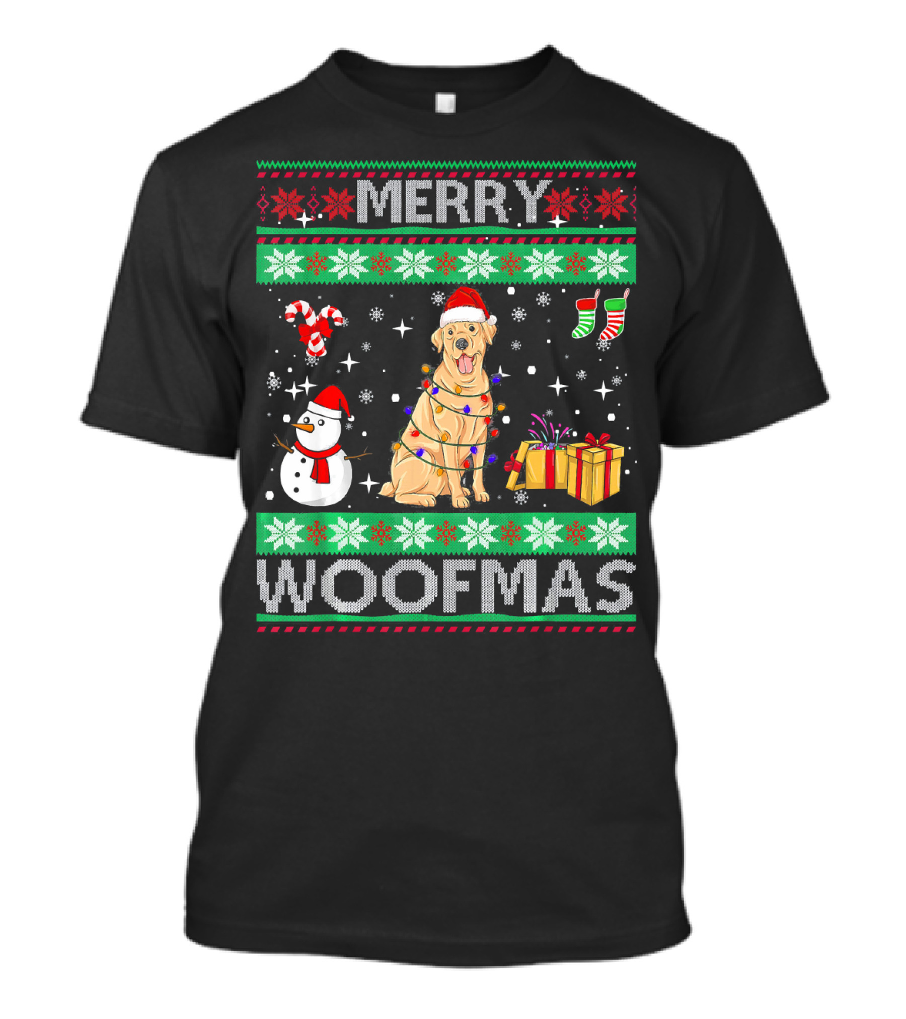Merry Woofmas Labrador Retriever Dog Christmas Snowman Lights Candy Presents T-Shirt