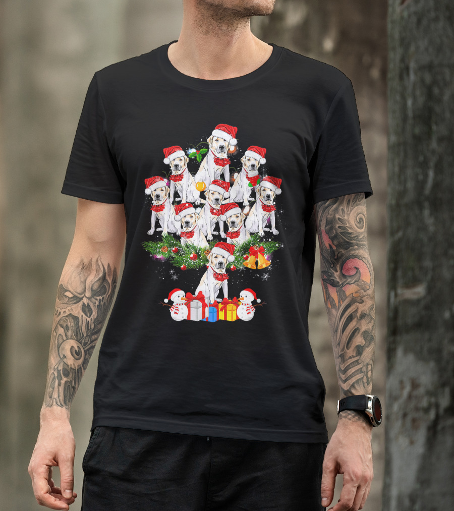 Labrador Retriever Christmas Tree With Santa Hats Snowmen And Presents T-Shirt