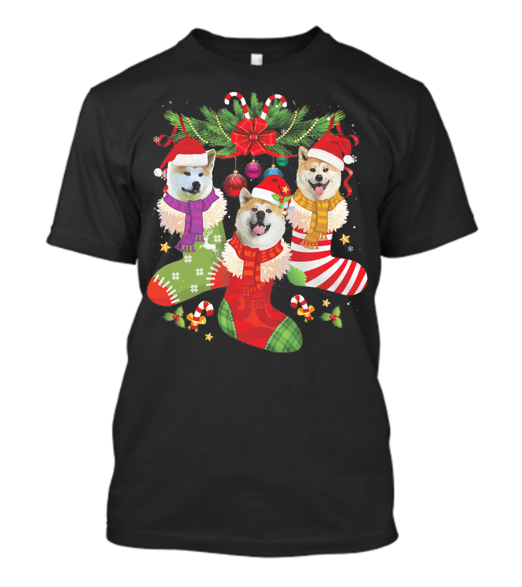Three Akita Dog Puppies In Christmas Stockings With Santa Hats And Holiday Decorations T-Shirt