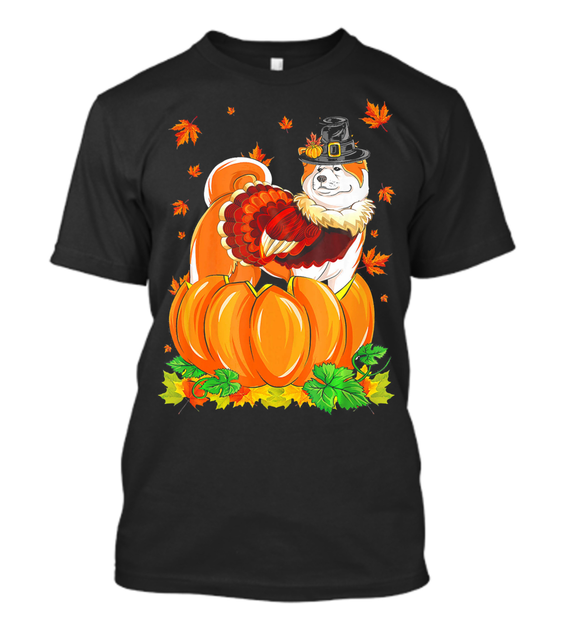 Thanksgiving Akita Dog With Turkey Costume And Pilgrim Hat In Pumpkin Patch T-Shirt