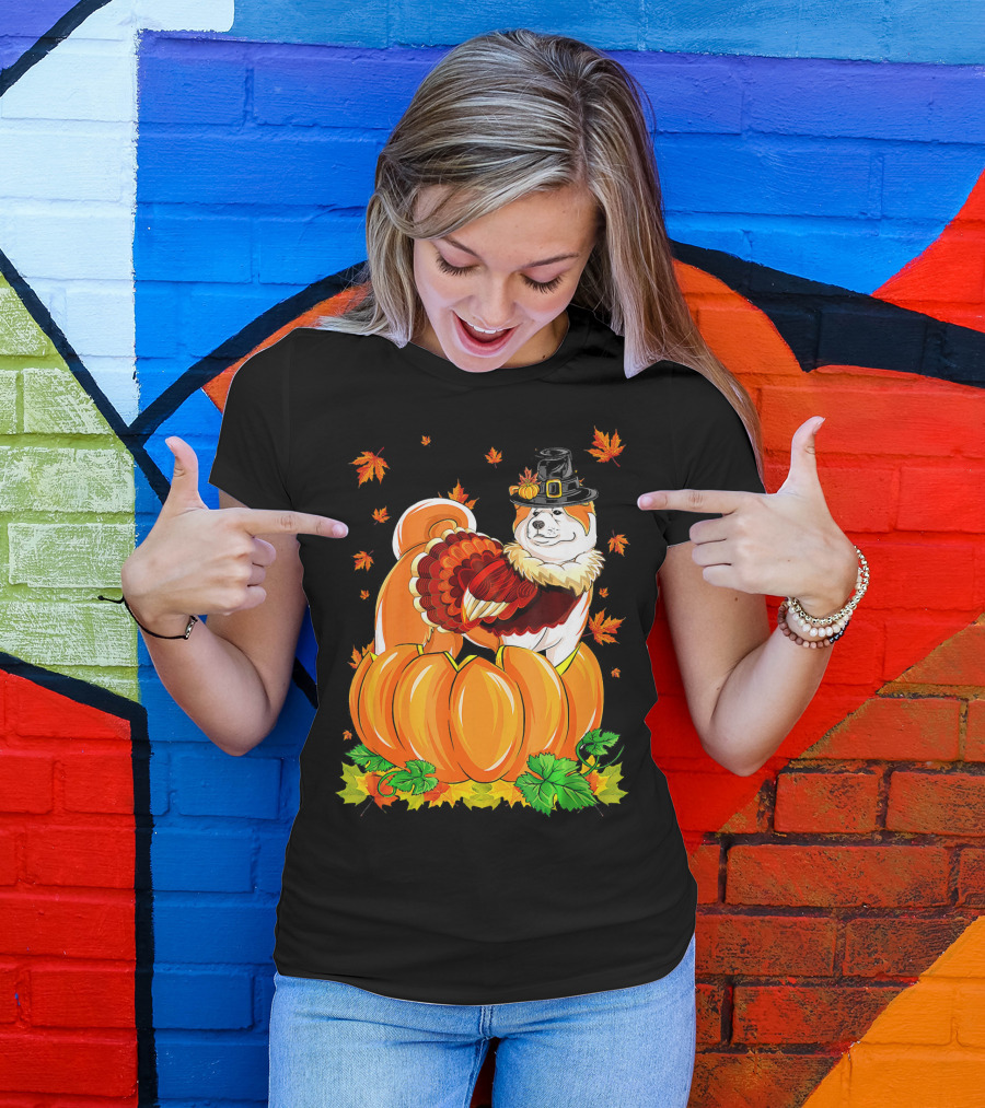 Thanksgiving Akita Dog With Turkey Costume And Pilgrim Hat In Pumpkin Patch T-Shirt
