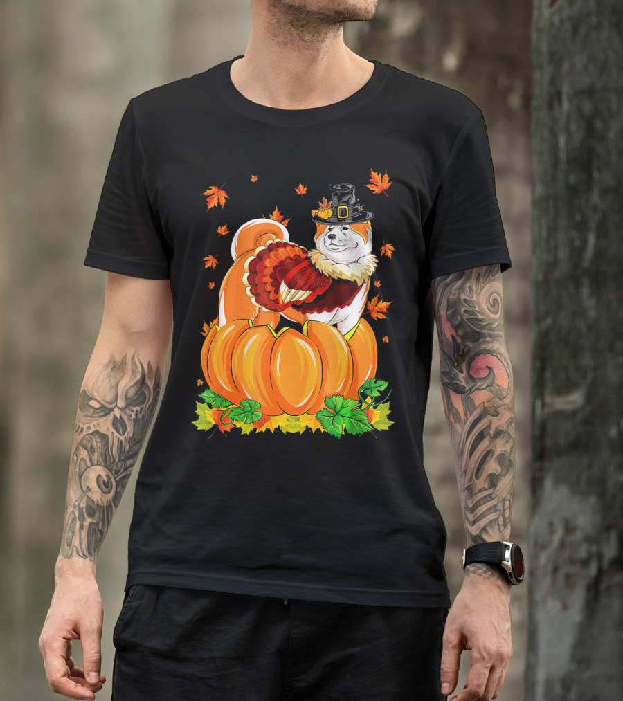 Thanksgiving Akita Dog With Turkey Costume And Pilgrim Hat In Pumpkin Patch T-Shirt