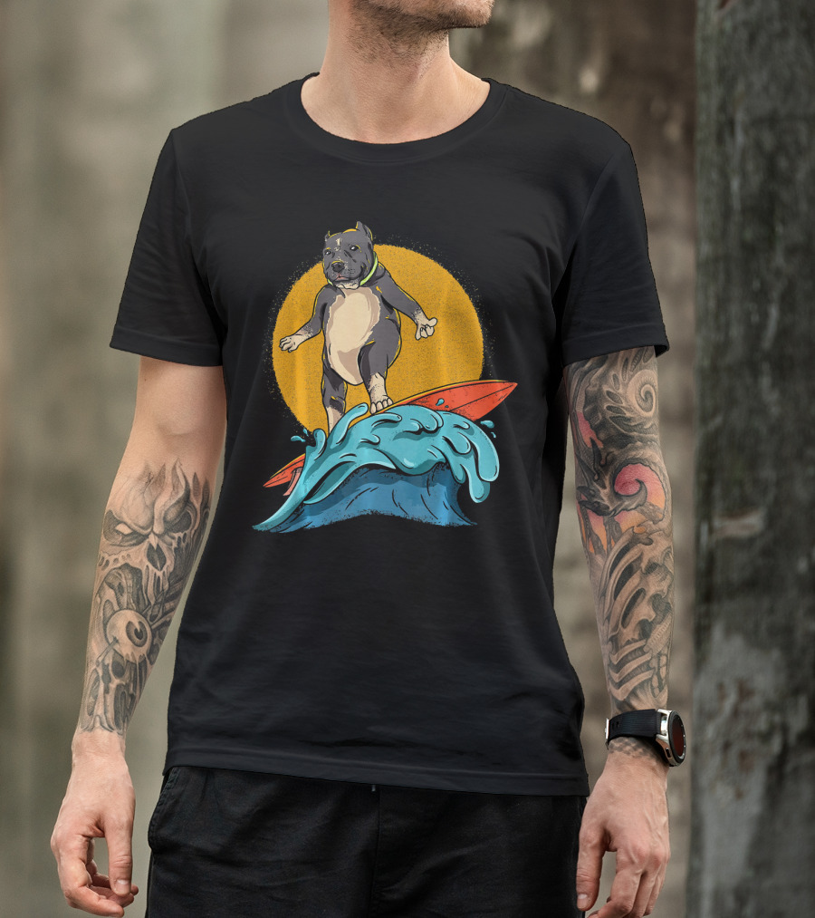Surfing Pitbull Funny Hawaiian Pit Bul Sunset Wave T-Shirt