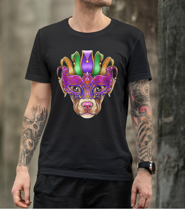 Pitbull Dog Mardi Gras Mask Jester Colorful Festive T-Shirt