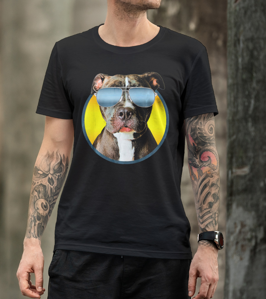 Pitbull With Shades On Yellow Background Funny Pit Bull T-Shirt