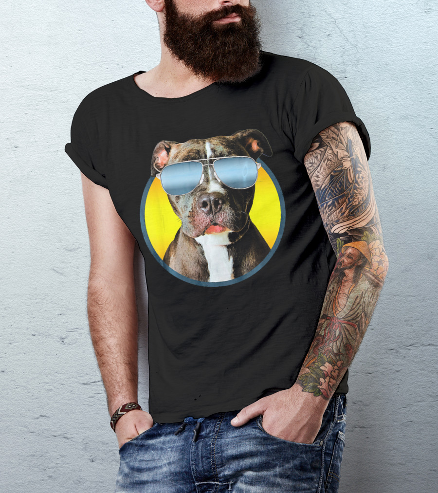 Pitbull With Shades On Yellow Background Funny Pit Bull T-Shirt