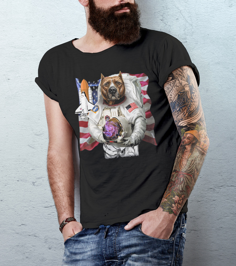 Patriotic Pit Bull Astronaut With USA Flag And Space Shuttle T-Shirt