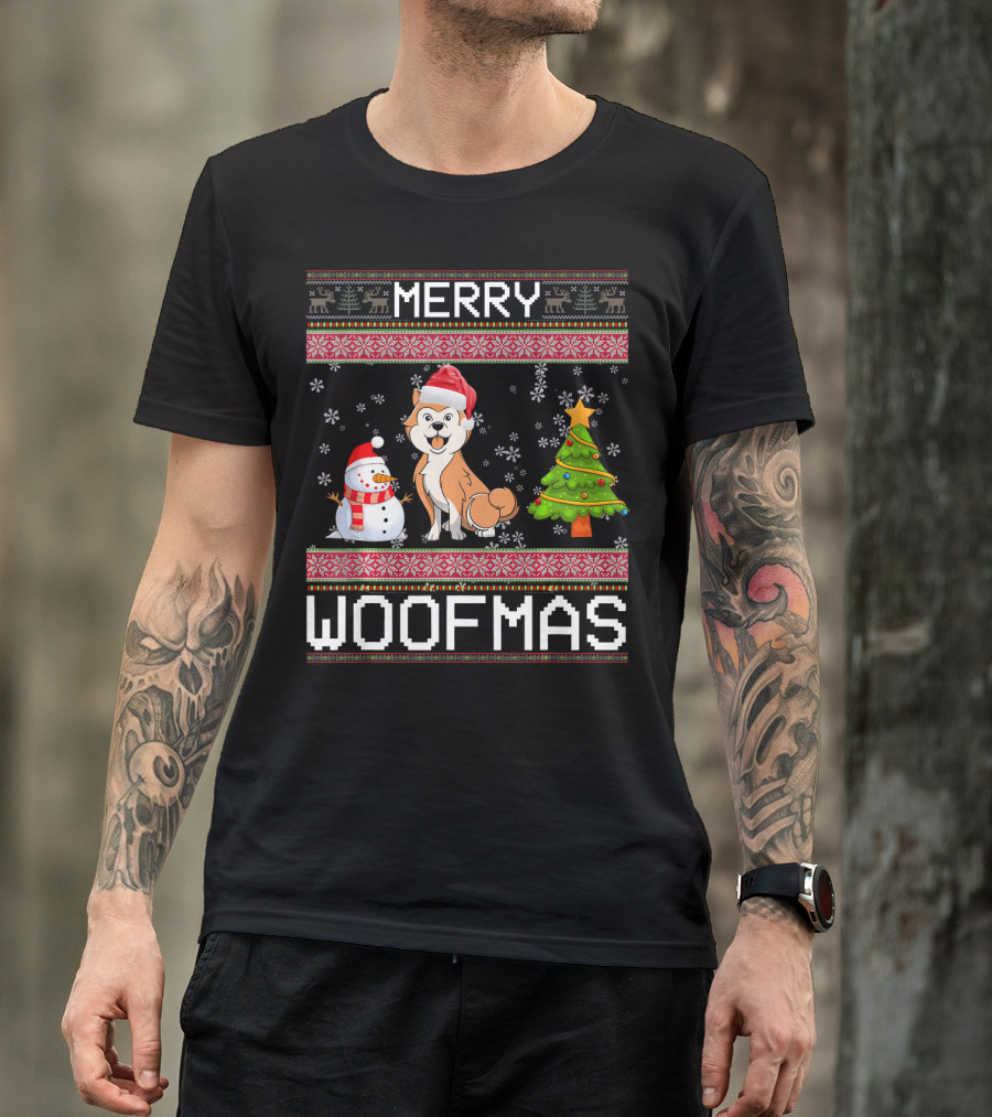 Merry Woofmas Funny Akita Dog Christmas Tree And Snowman T-Shirt