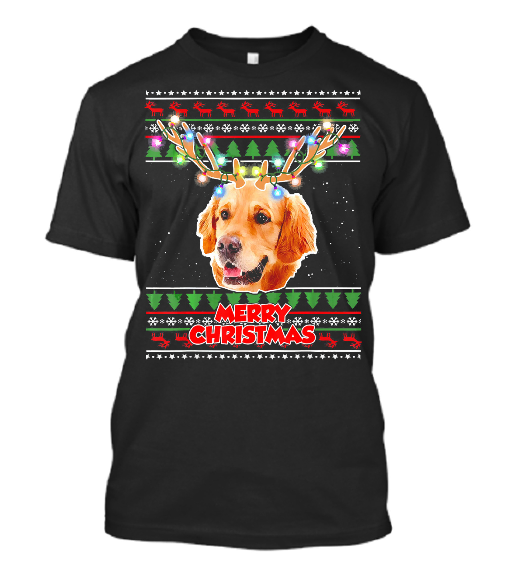 Merry Christmas Golden Retriever With Antler Lights T-Shirt