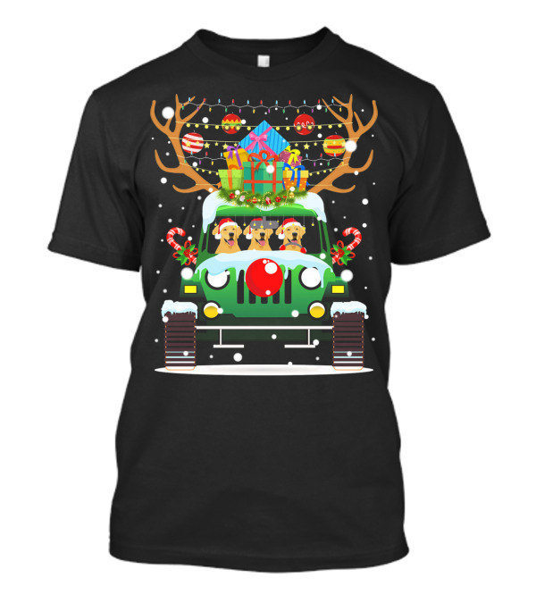Santa Labrador Retrievers Driving Jeep With Reindeer Antlers And Holiday Gifts T-Shirt