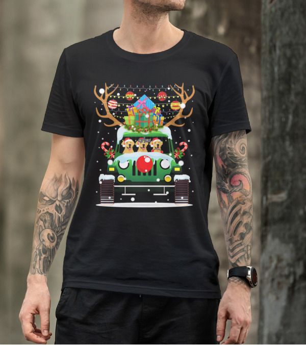 Santa Labrador Retrievers Driving Jeep With Reindeer Antlers And Holiday Gifts T-Shirt