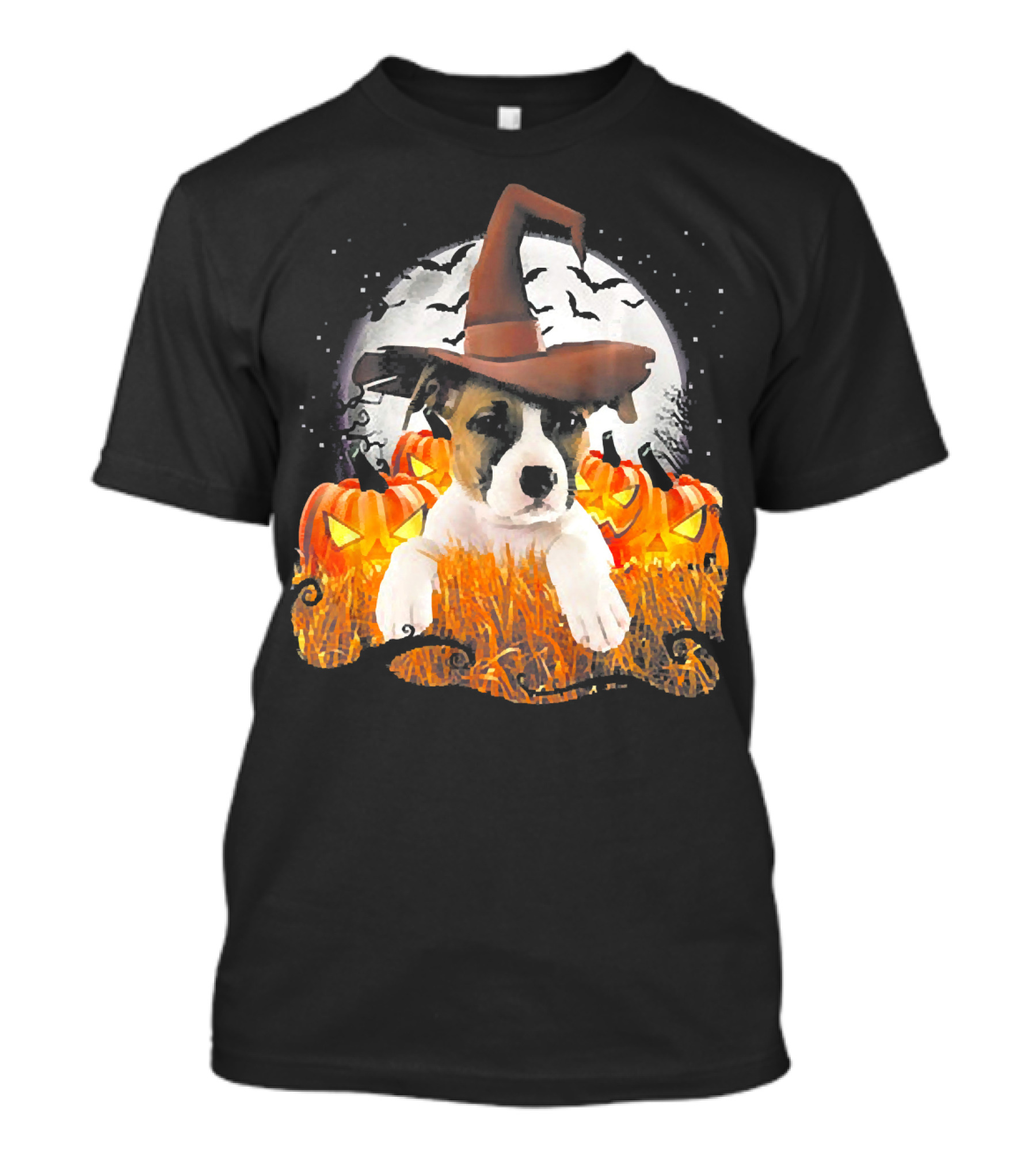 Pit Bull Halloween Cute Dog Witch With Pumpkins And Full Moon T-Shirt