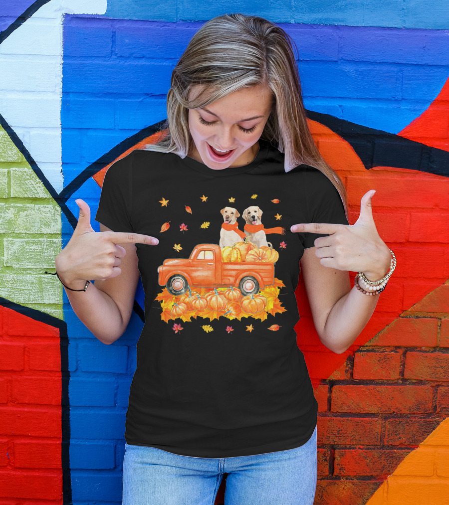 Labrador Retriever Autumn Pumpkin Harvest Truck With Leaves T-Shirt