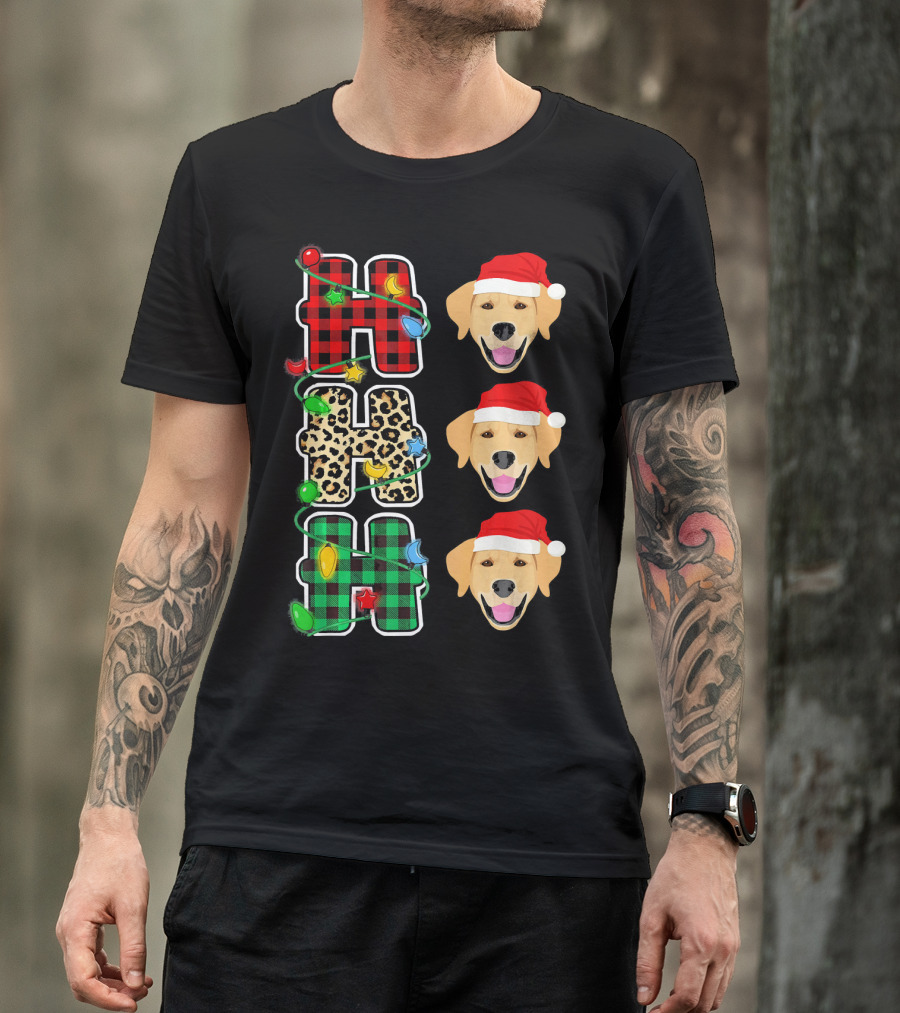 HO HO HO Santa Hat Golden Retriever Christmas Lights Plaid Leopard T-Shirt