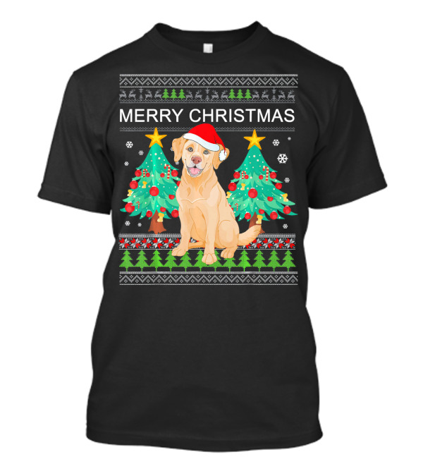 Merry Christmas Golden Retriever With Santa Hat And Christmas Trees T-Shirt