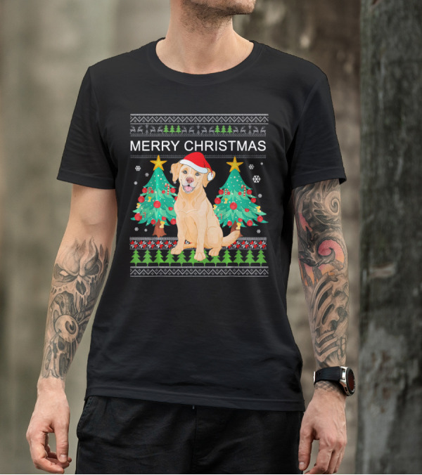 Merry Christmas Golden Retriever With Santa Hat And Christmas Trees T-Shirt