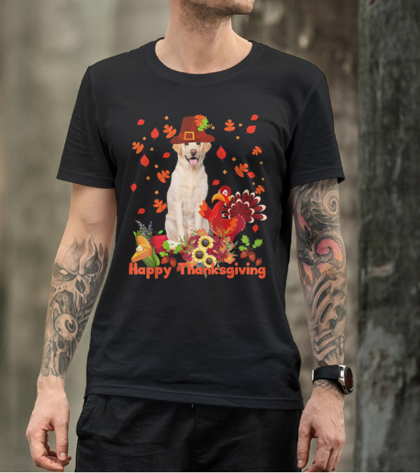 Labrador Retriever Happy Thanksgiving With Turkey And Autumn Leaves T-Shirt