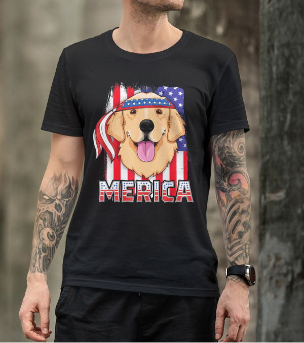 Merica Golden Retriever With American Flag Bandana 4th Of July T-Shirt