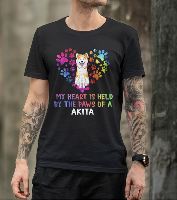 My Heart Is Held By The Paws Of A Colorful Akita Dog And Rainbow Heart Paws T-Shirt