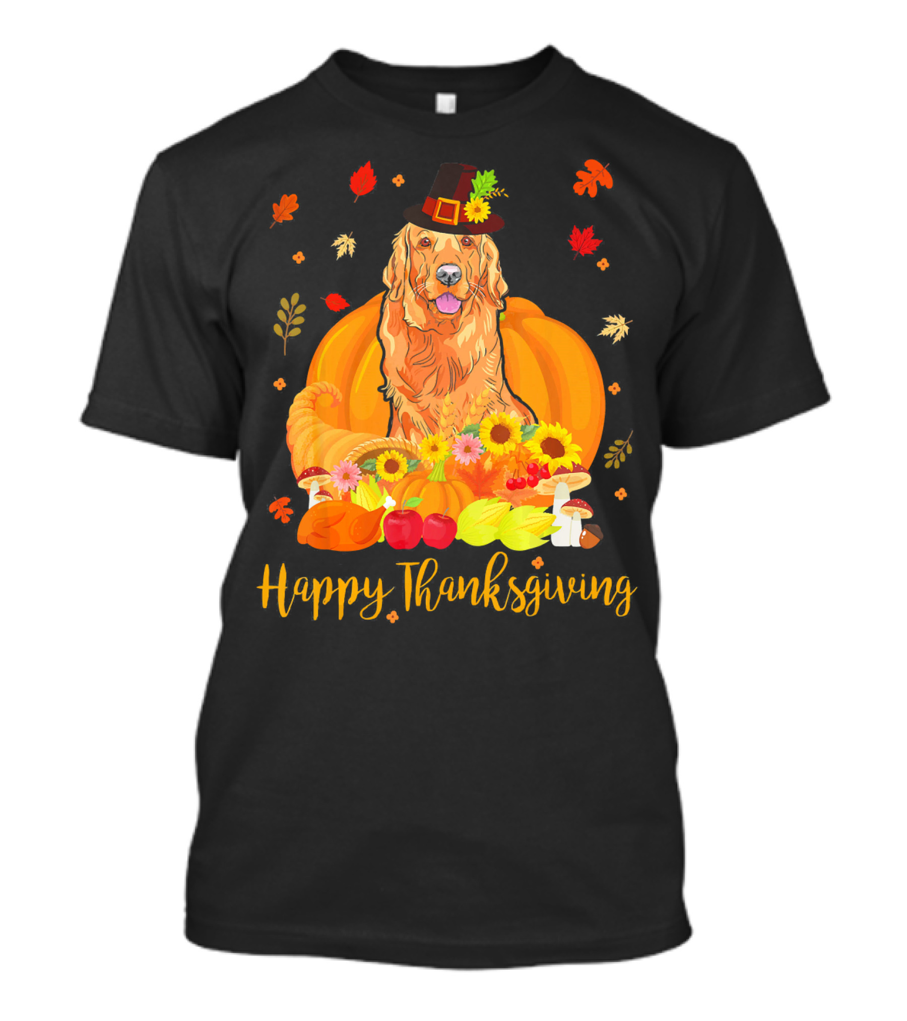 Happy Thanksgiving Day Golden Retriever Dog Pilgrim Hat Pumpkin Cornucopia T-Shirt
