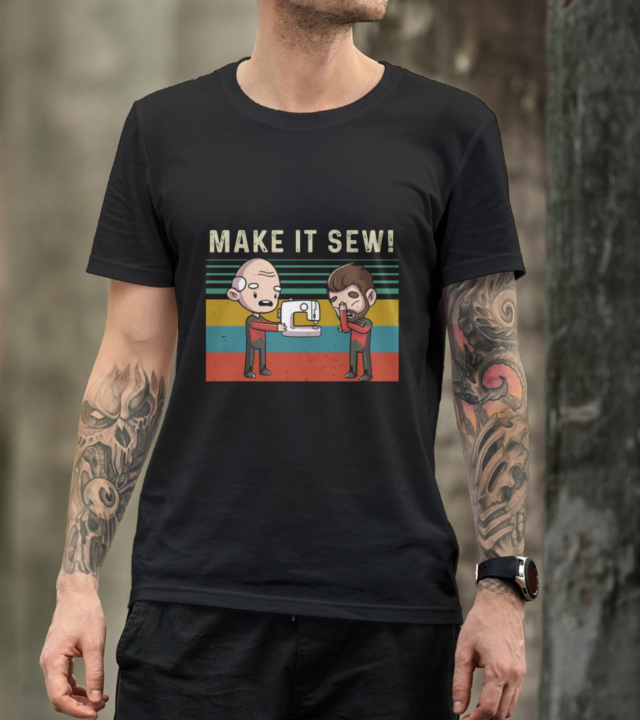Make It Sew Featuring William Riker And Jean Luc Picard Sewing Machine T-Shirt