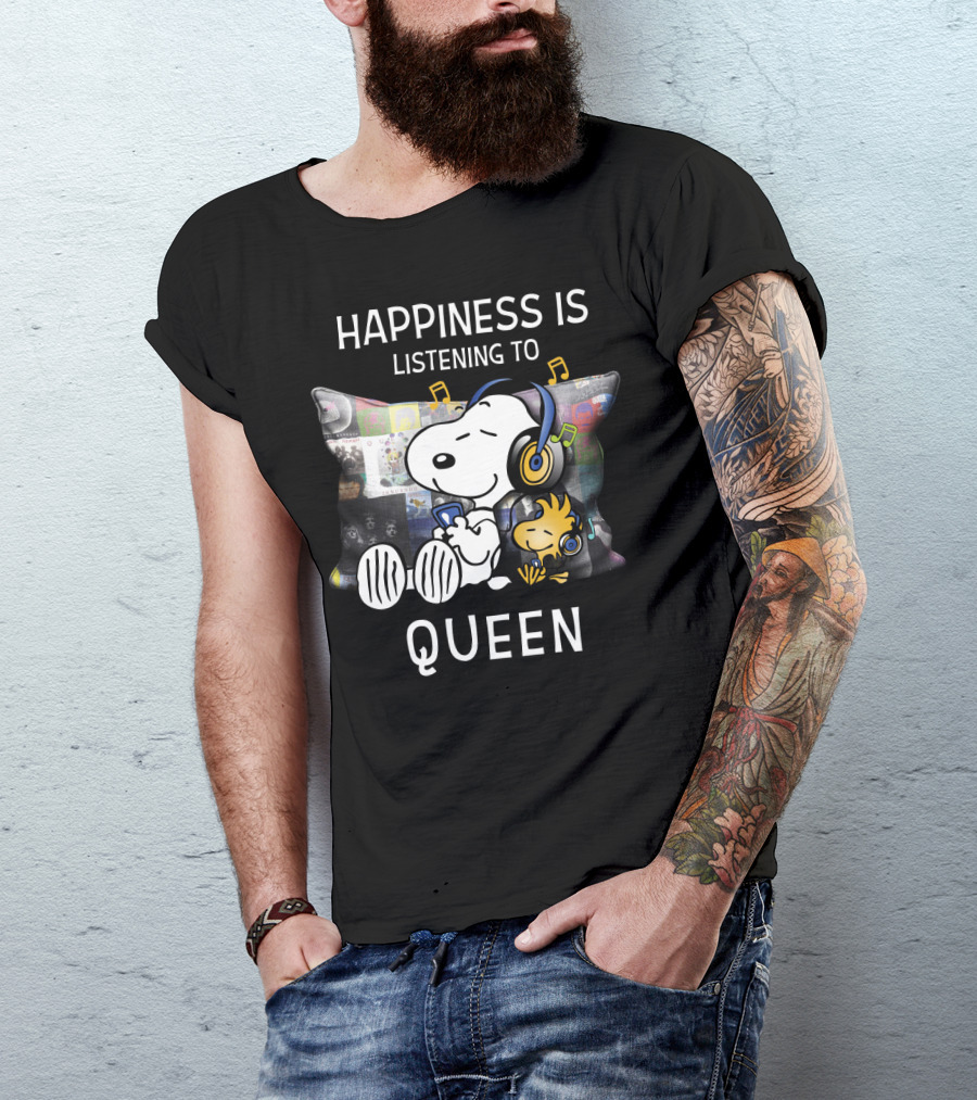 Happiness Is Snoopy And Woodstock Listening To Queen Music T-Shirt