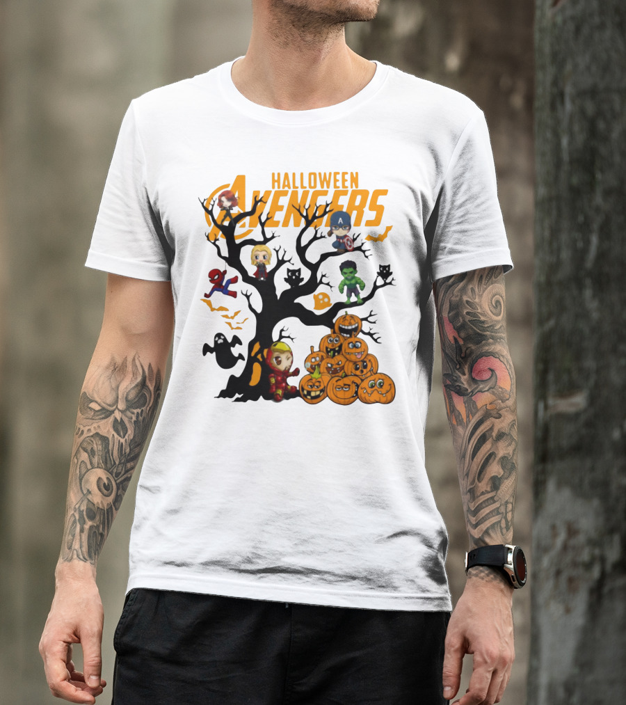 Chibi Halloween Avengers Characters With Pumpkins And Ghosts T-Shirt
