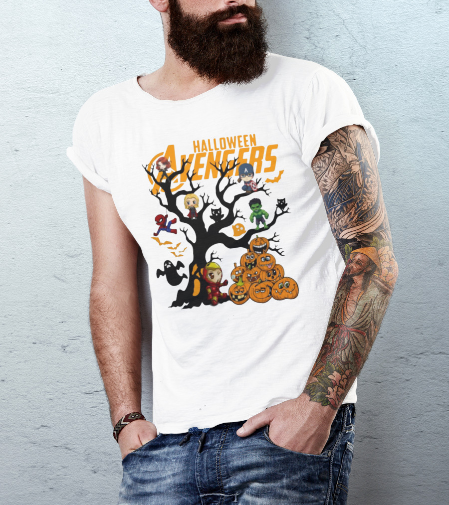 Chibi Halloween Avengers Characters With Pumpkins And Ghosts T-Shirt