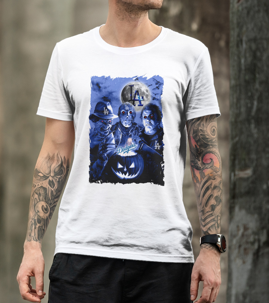 Los Angeles Dodgers Horror Icons Halloween Moon T-Shirt