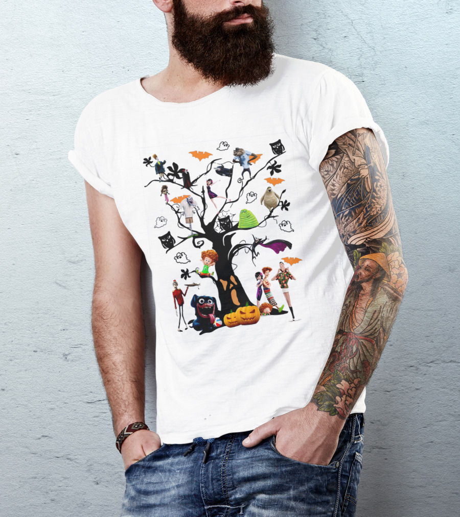 Hotel Transylvania 3 Halloween Tree Characters And Symbols With Pumpkins And Bats T-Shirt