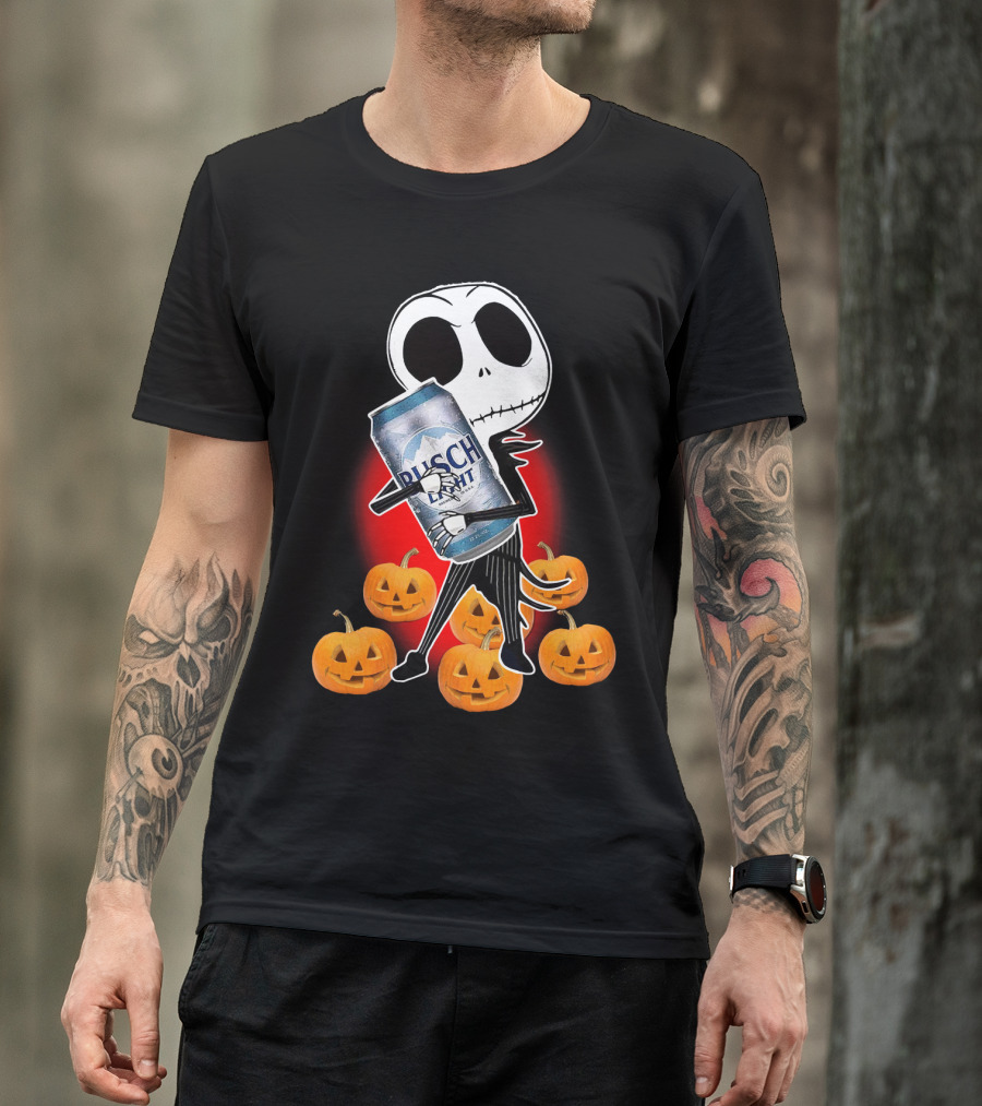 Jack Skellington Busch Light Hug Surrounded By Pumpkins Halloween T-Shirt