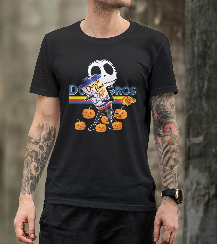 Jack Skellington Holding Dutch Bros Coffee Cup Surrounded By Pumpkins T-Shirt