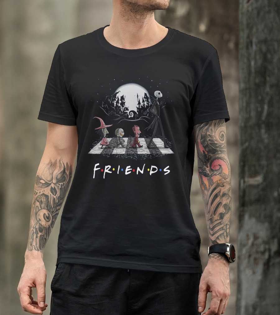 Friends Nightmare Before Christmas Characters Abbey Road Parody With Full Moon Background T-Shirt