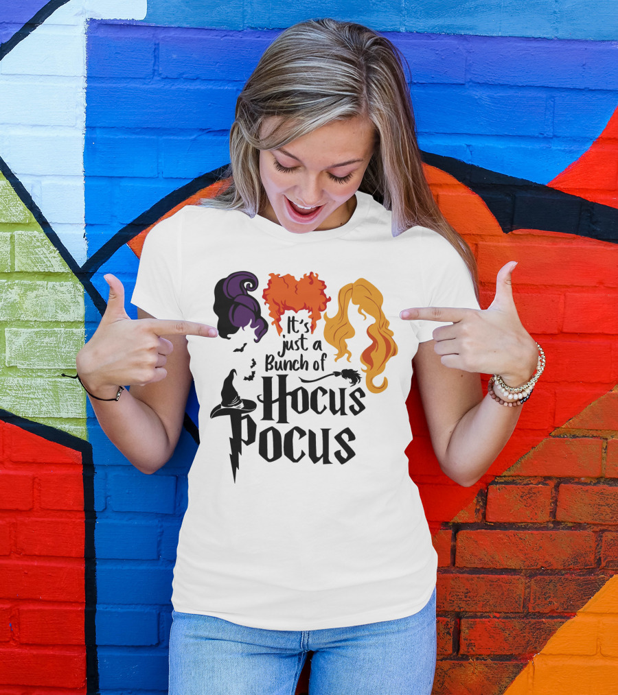 Hocus Pocus It's Just A Bunch Of Witch Hair Silhouettes With Hats And Bats T-Shirt