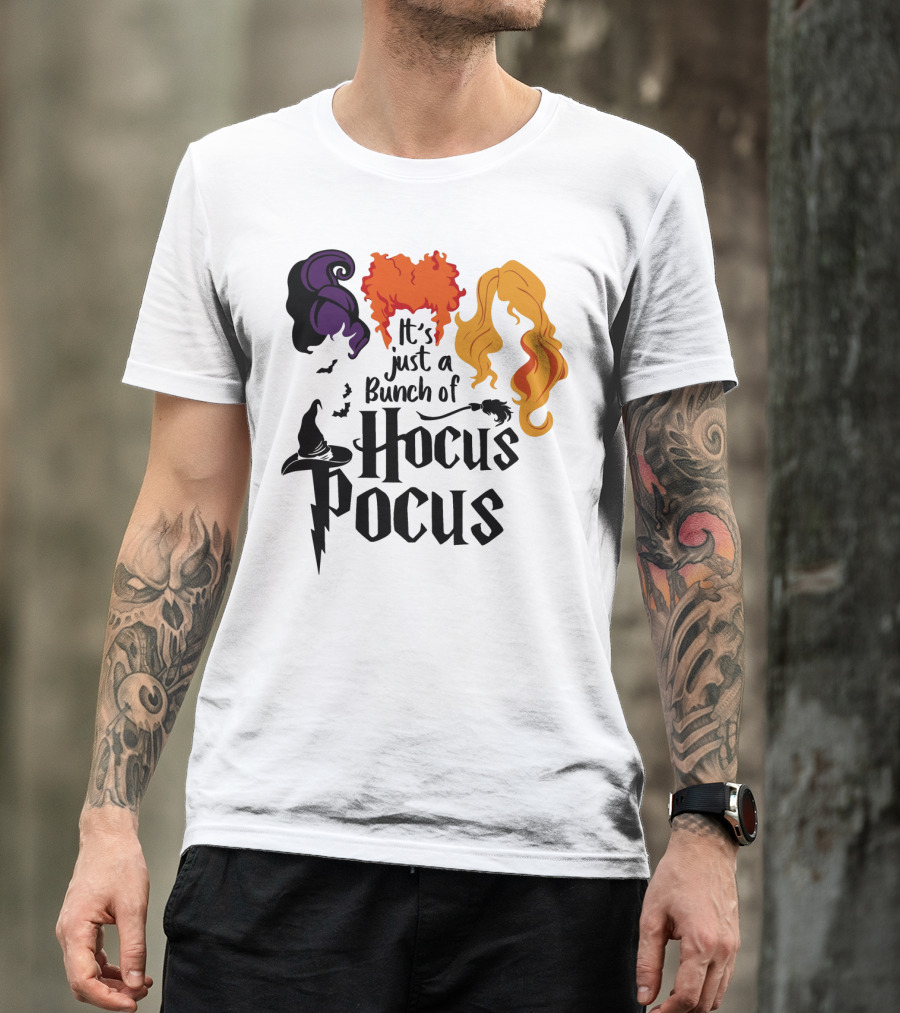 Hocus Pocus It's Just A Bunch Of Witch Hair Silhouettes With Hats And Bats T-Shirt