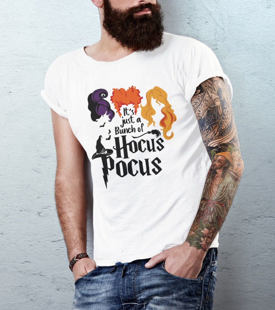 Hocus Pocus It's Just A Bunch Of Witch Hair Silhouettes With Hats And Bats T-Shirt