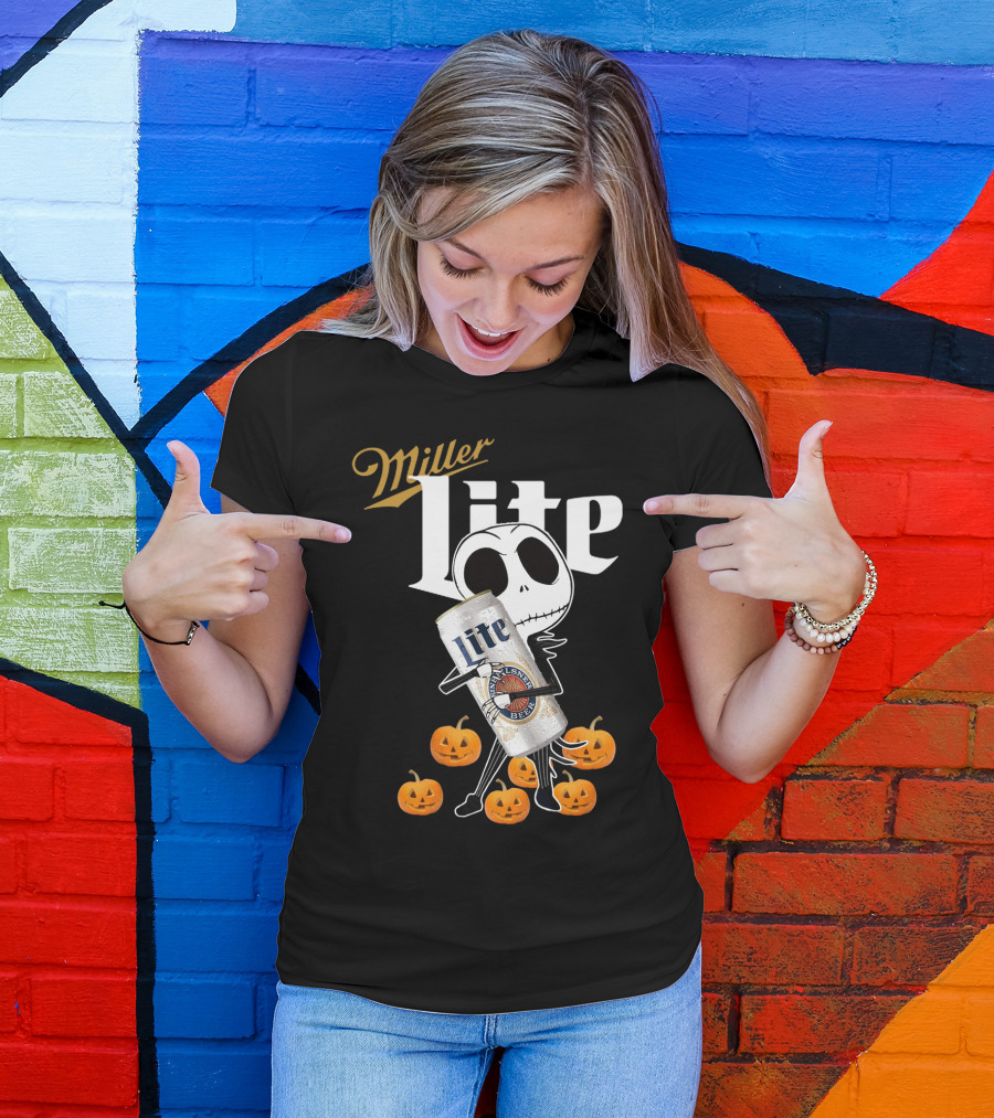 Jack Skellington Holding Miller Lite Surrounded By Pumpkins T-Shirt
