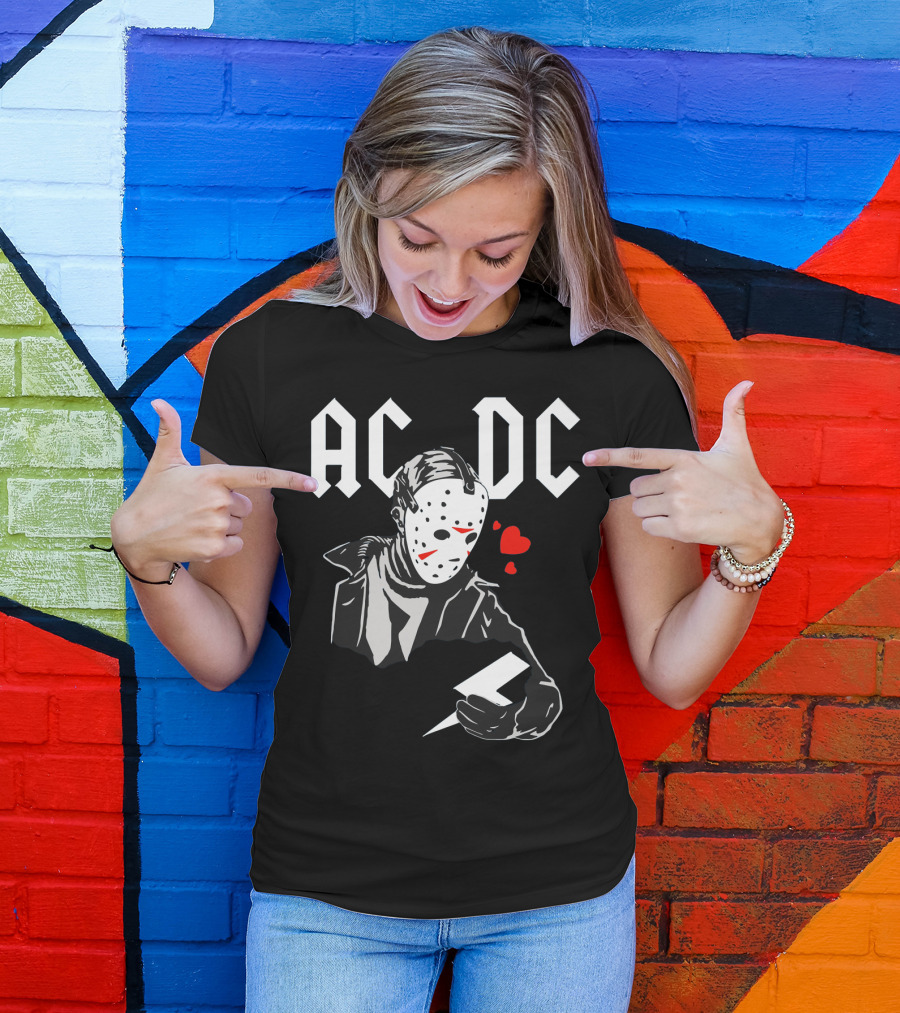 Acdc Jason Voorhees Mask Holding Lightning Bolt With Hearts T-Shirt
