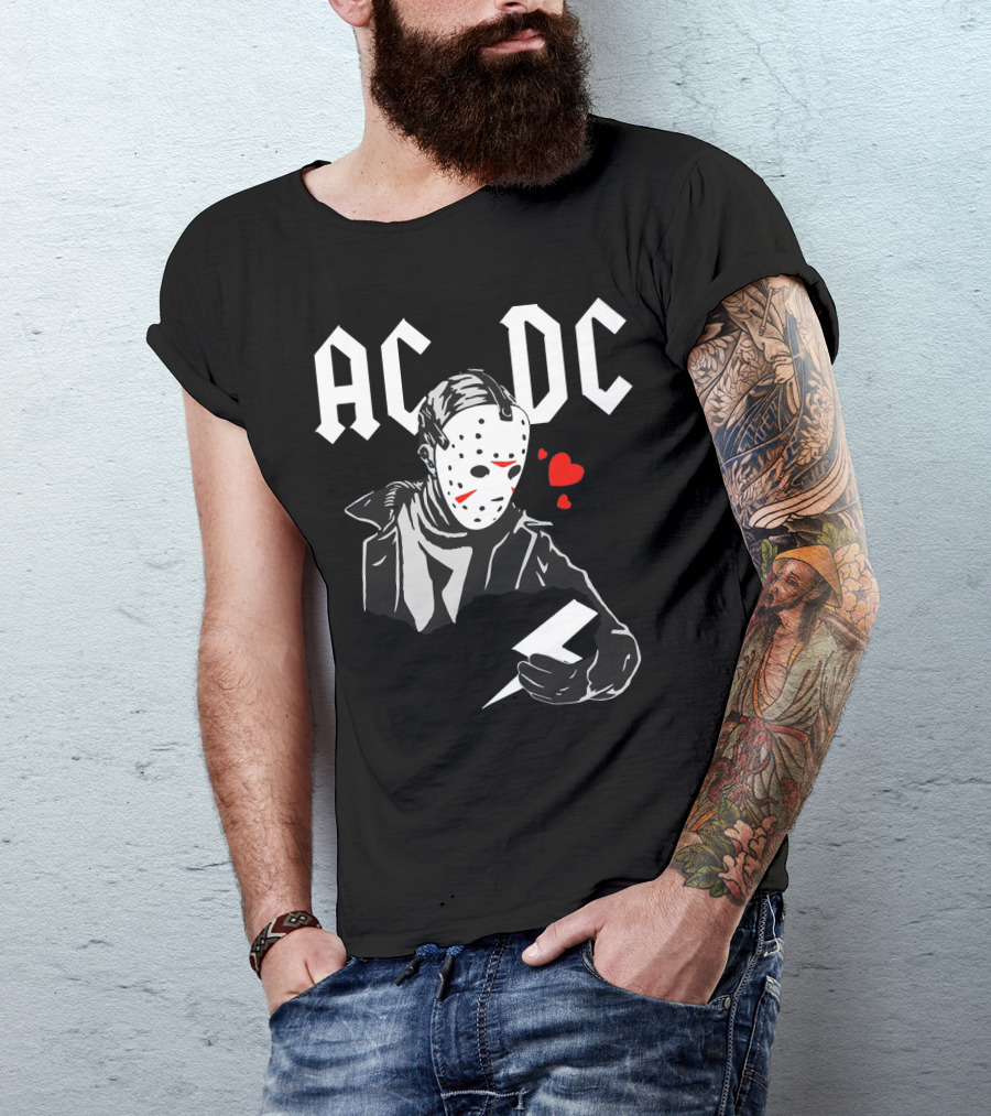 Acdc Jason Voorhees Mask Holding Lightning Bolt With Hearts T-Shirt