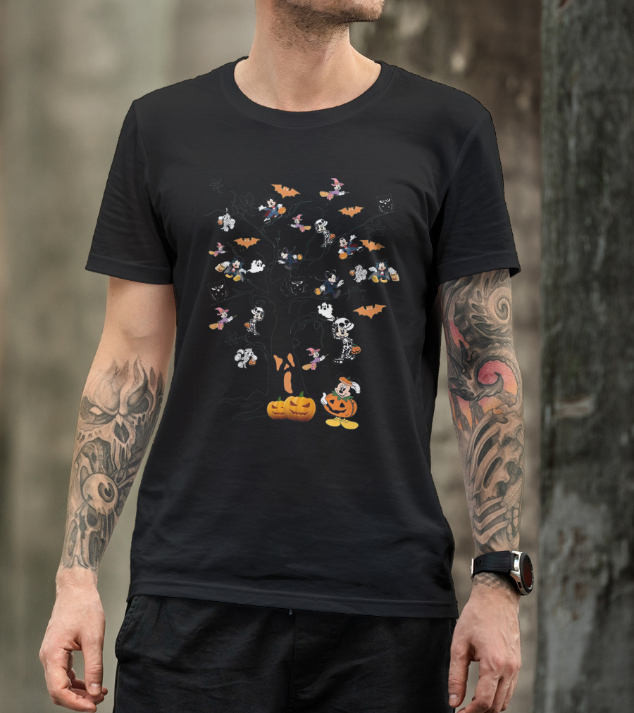 Mickey Mouse Halloween Tree With Pumpkins And Skeleton Costumes T-Shirt