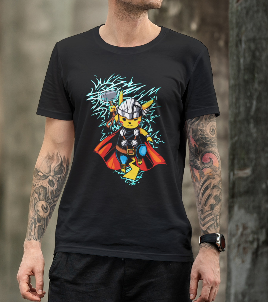 Pikachu Wielding Thor's Hammer With Lightning And Armor T-Shirt