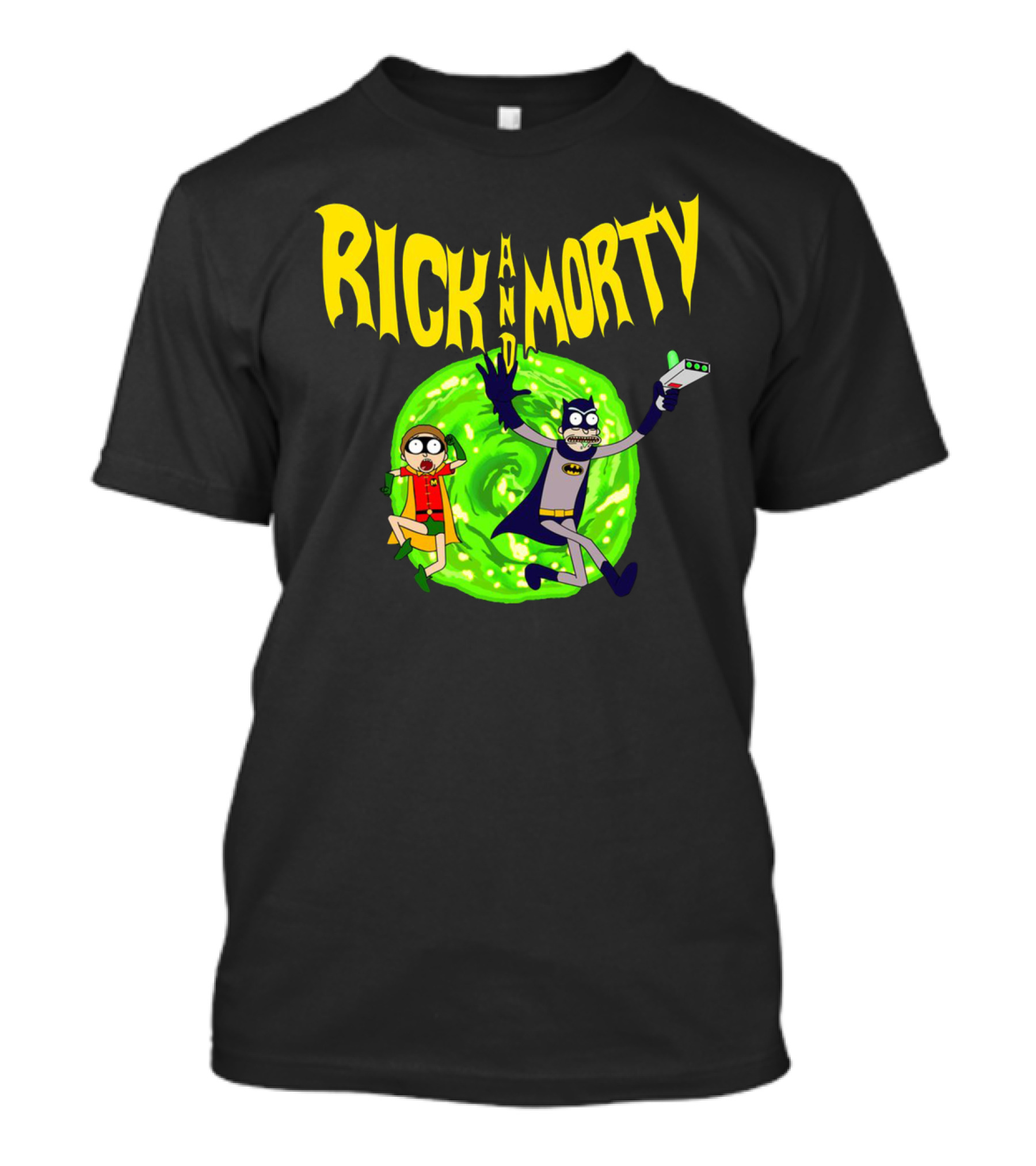 Rick And Morty In Batman Costumes With Portal Gun And Swirling Green Portal T-Shirt