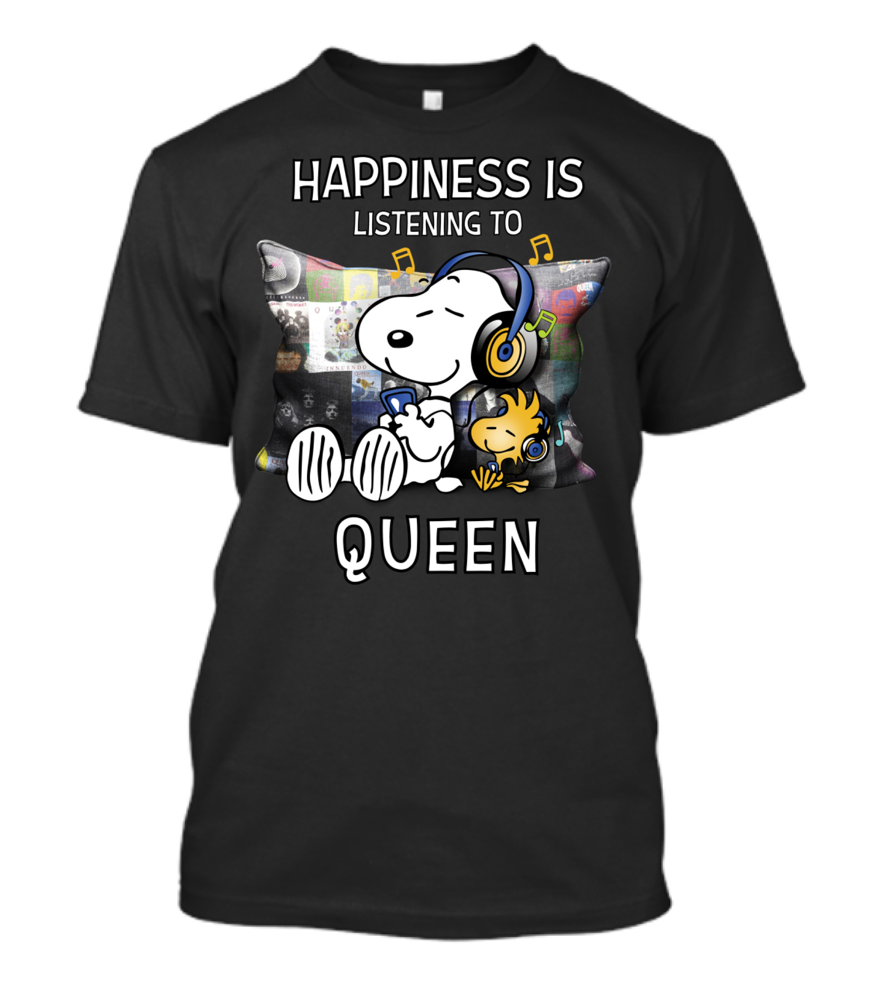 Happiness Is Listening To Queen With Snoopy And Woodstock Music Pillow T-Shirt
