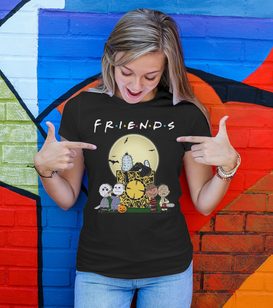 Friends Peanuts Horror Movie Characters Crossover Featuring Iconic Monsters And Symbols T-Shirt